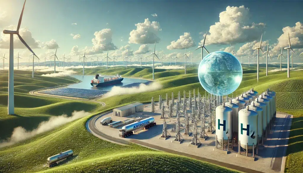 dall·e 2025 01 09 16.45.32 a highly realistic digital illustration showcasing the development of green hydrogen energy. the wide landscape view includes a vast wind farm with mo